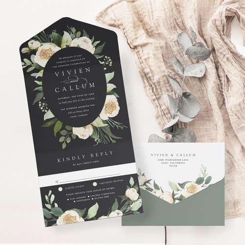 Ivory Bloom  Watercolor Floral Oval Frame Wedding All In One Invitation