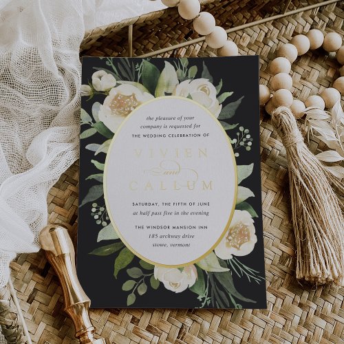 Ivory Bloom  Watercolor Floral Oval Frame Wedding Foil Invitation