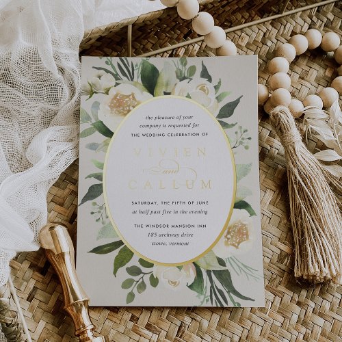 Ivory Bloom  Watercolor Floral Oval Frame Wedding Foil Invitation