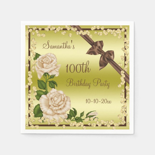 Ivory Blossom, Bows & Diamonds 100th Napkins (Front)