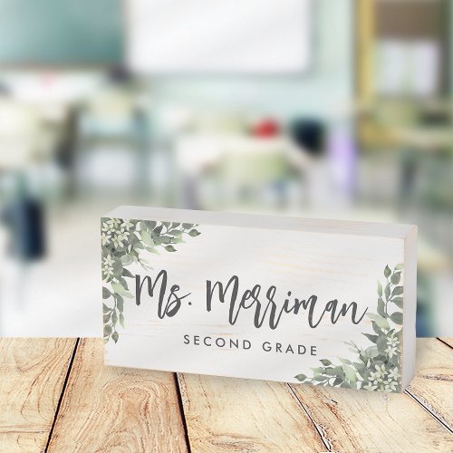 Ivory Blossom Floral Teacher Name Classroom Wooden Box Sign