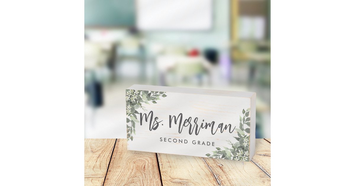 Ivory Blossom Floral Teacher Name Classroom Wooden Box Sign | Zazzle