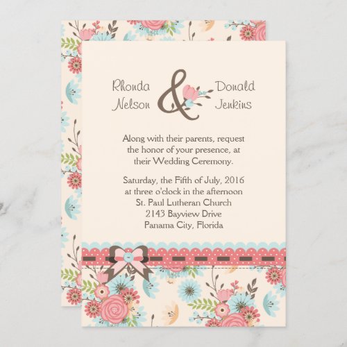 Ivory Blue and Coral Floral Wedding Invitation