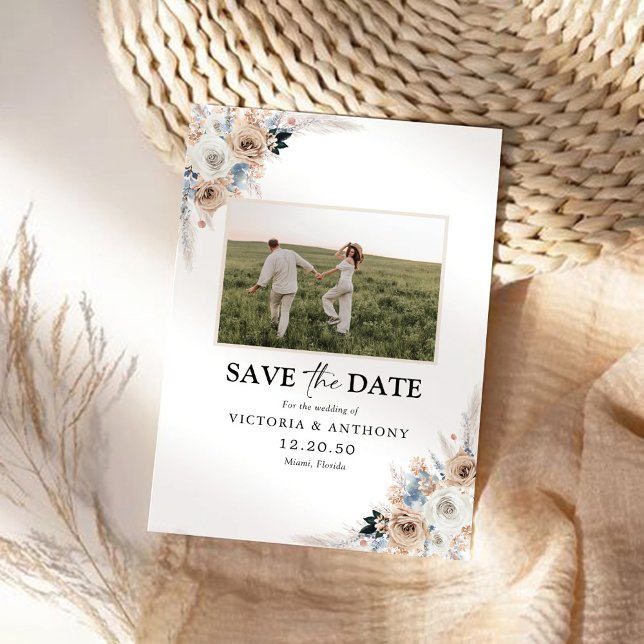 Ivory & Blue Boho Floral Save The Date with Photo  (Creator Uploaded)