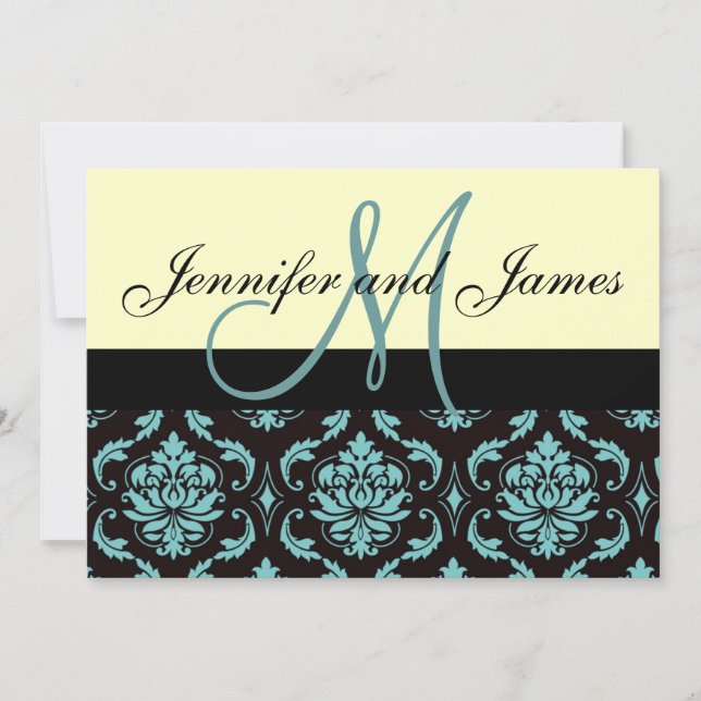 Ivory Blue Damask Wedding Invitation with Monogram (Front)