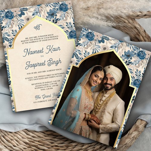 Ivory Blue Floral Photo Anand Karaj Sikh Wedding Invitation