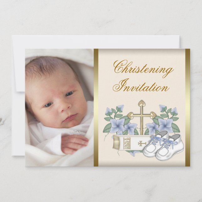 Ivory Blue Gold Baby Boy Photo Christening Invitat Invitation (Front)