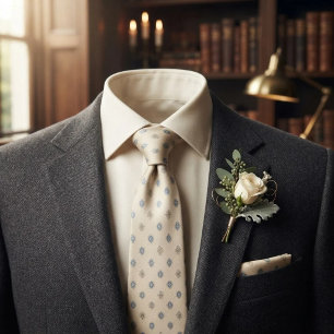 Ivory Blue Gold Foulard Neat Neck Tie