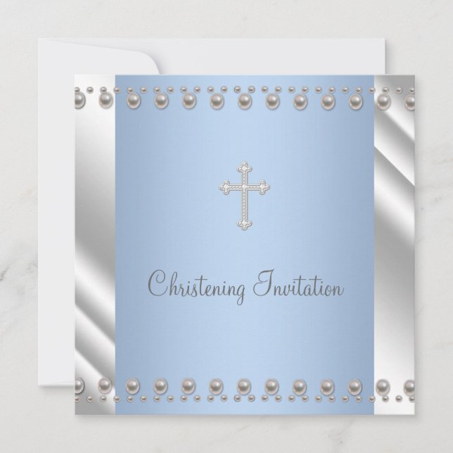 Ivory Blue Pearl Cross Boy Christening Invitation (Front)