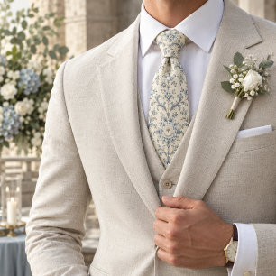 Ivory Blue Peony Toile Floral Damask Neck Tie