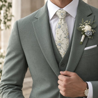 Ivory Blue Sage Wedding Botanical Neck Tie