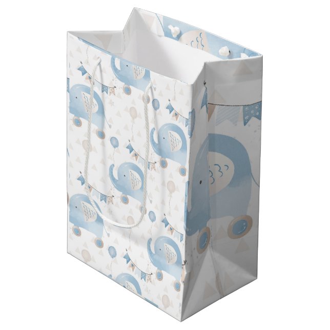 Ivory Blue Taupe Elephants Balloons Baby Boy Gift  Medium Gift Bag (Front Angled)