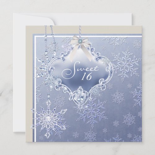 Ivory Blue White Snowflake Sweet Sixteen Birthday Invitation