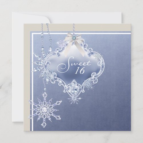 Ivory Blue White Snowflake Sweet Sixteen Birthday Announcements