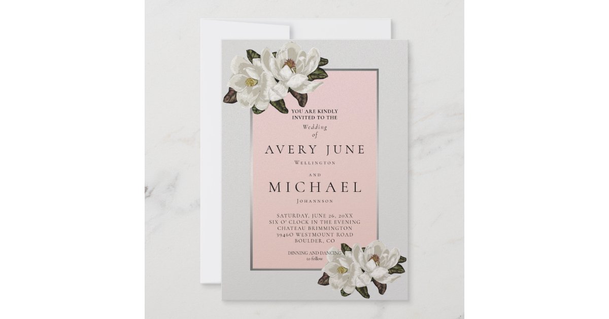 Ivory, blush and gray Magnolias Invitation | Zazzle