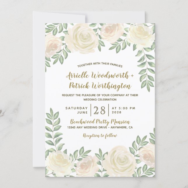 Ivory Blush Champagne Floral Wedding Invitations (Front)