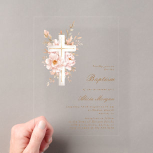 Ivory Blush Floral Cross Baptism Invitation
