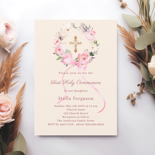 Ivory blush florals bow cross First Communion