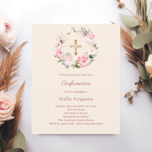 Ivory blush florals cross Confirmation invitation