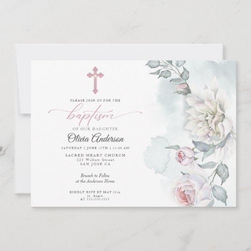 Ivory Blush Pink Cottage Flowers Baptism Invitatio Invitation