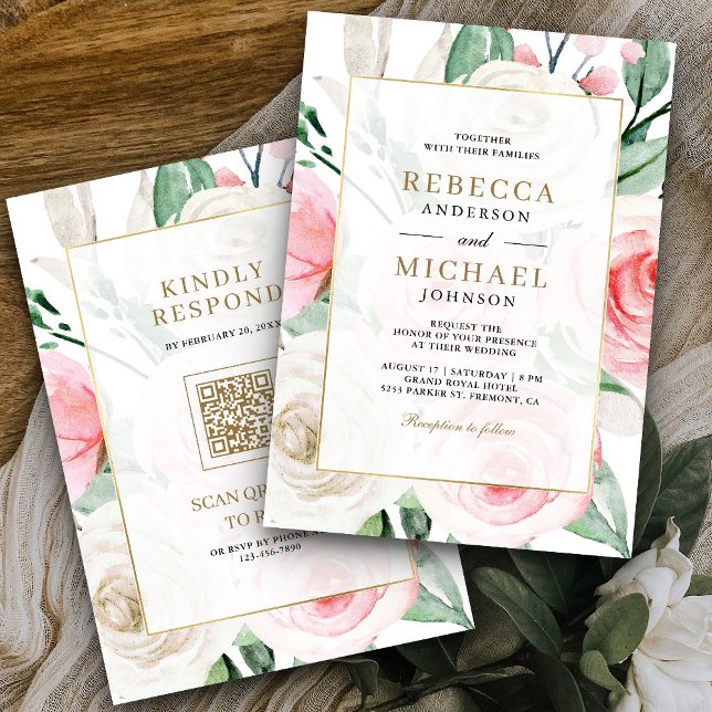 Ivory Blush Pink Floral Gold Frame QR Code Wedding Invitation (Creator Uploaded)