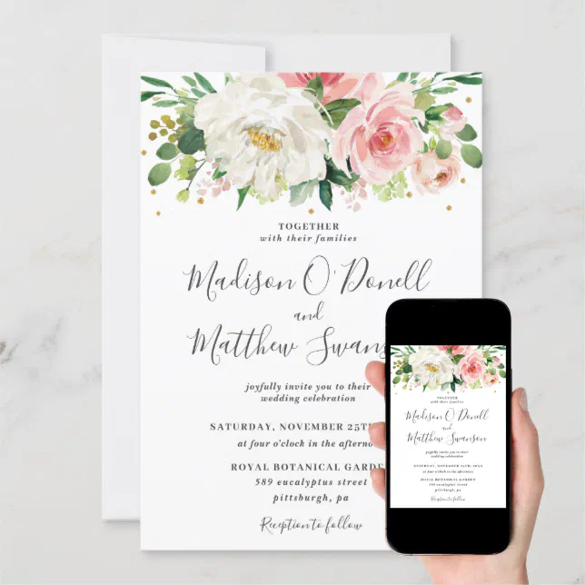 Ivory Blush Pink Floral Greenery Wedding Invitation | Zazzle