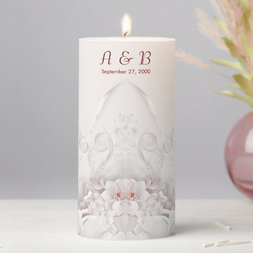 Ivory Blush Pink Floral Pillar Candle