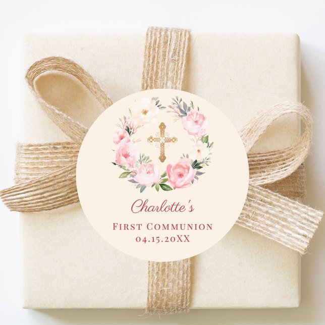 Ivory blush pink floral wreath First Communion Classic Round Sticker (Creator Uploaded)