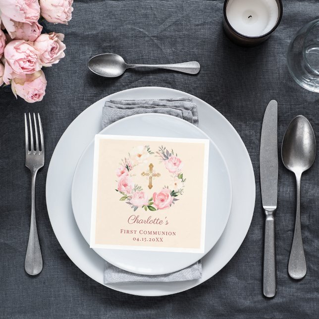 Ivory blush pink floral wreath First Communion Napkins (Creator Uploaded)