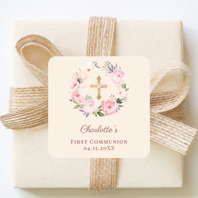 Ivory blush pink floral wreath First Communion Square Sticker (Creator Uploaded)
