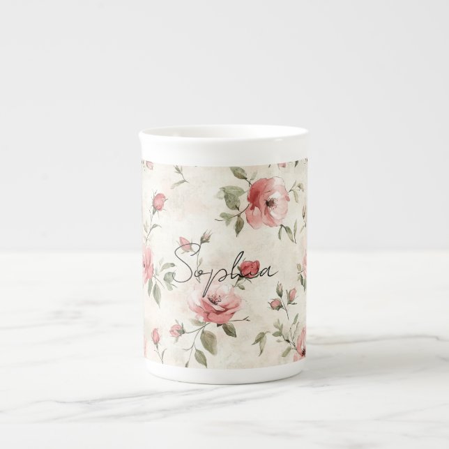 Ivory Blush Pink Roses Floral   Bone China Mug (Front)
