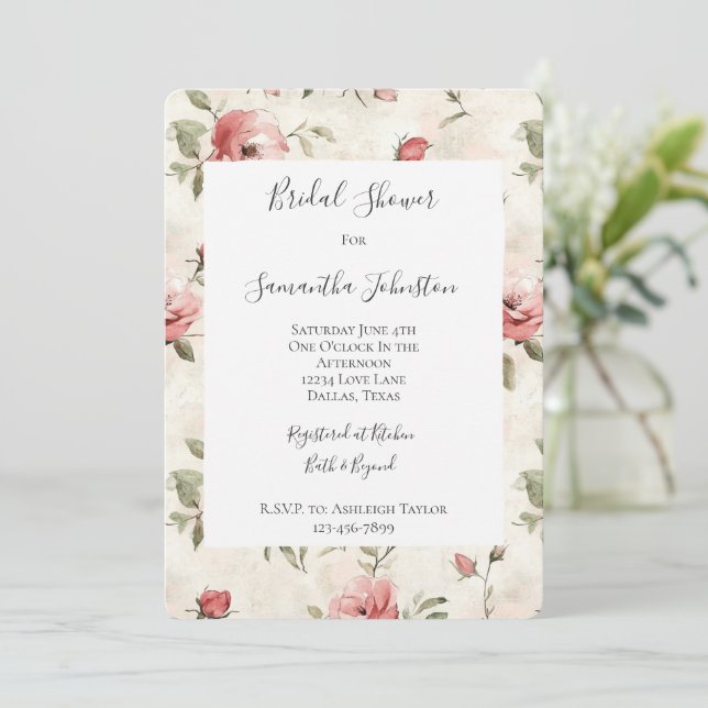 Ivory Blush Pink Roses Floral Bridal Shower Invitation (Standing Front)