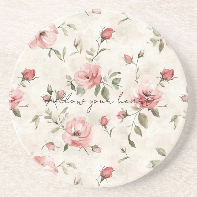 Ivory Blush Pink Roses Floral Coaster (Front)