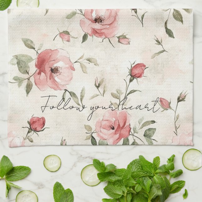 Ivory Blush Pink Roses Floral Kitchen Towel (Folded)