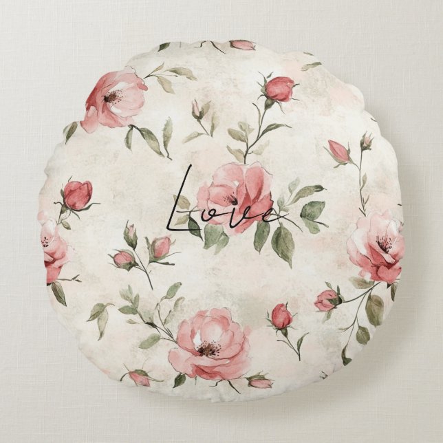Ivory Blush Pink Roses Floral   Round Pillow (Front)
