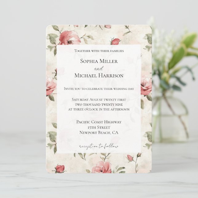 Ivory Blush Pink Roses Floral Wedding Invitation (Standing Front)