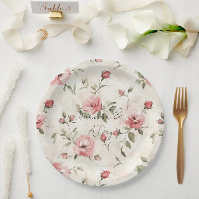 Ivory Blush Pink Roses Floral Wedding Paper Plates (Wedding)