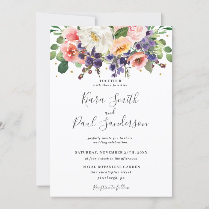 Ivory Blush Purple Peach Floral Greenery Wedding Invitation | Zazzle