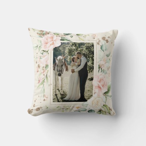Ivory Blush Watercolor Photo Floral Wedding Throw Pillow