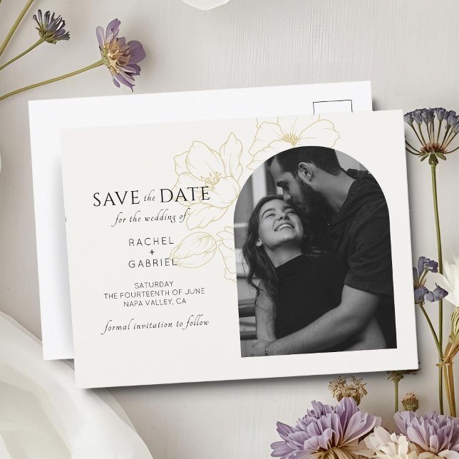 Ivory | Boho Arch Gold Floral Wedding  Postcard (Creator Uploaded)
