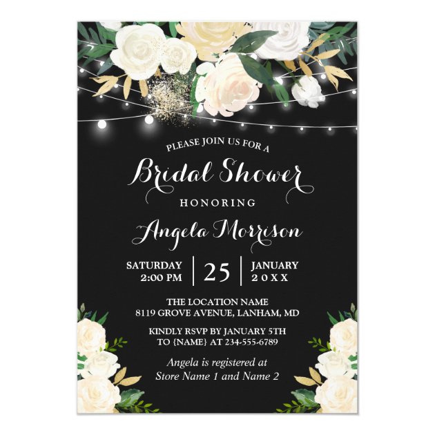 Ivory Botanical Floral String Lights Bridal Shower Invitation