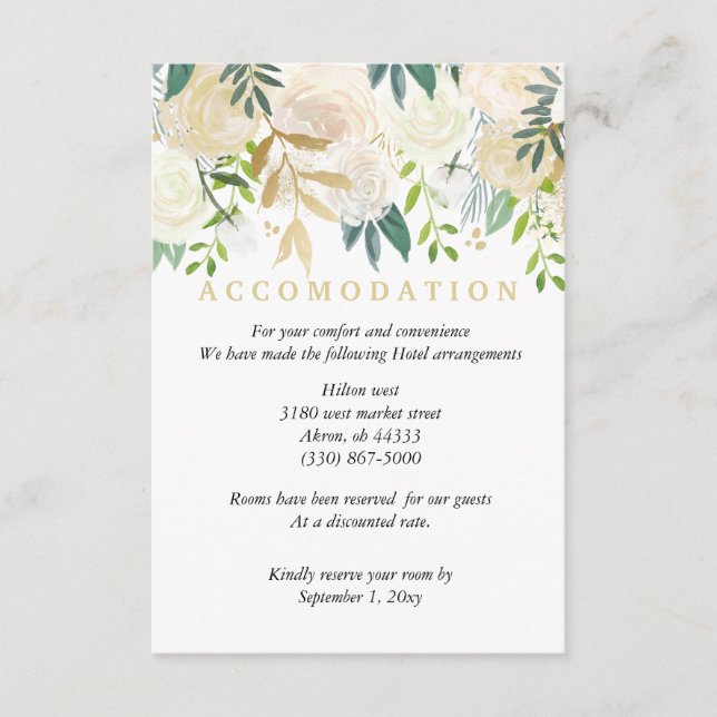 Ivory Bouquet Wedding Accomodation Details Mint Enclosure Card (Front)
