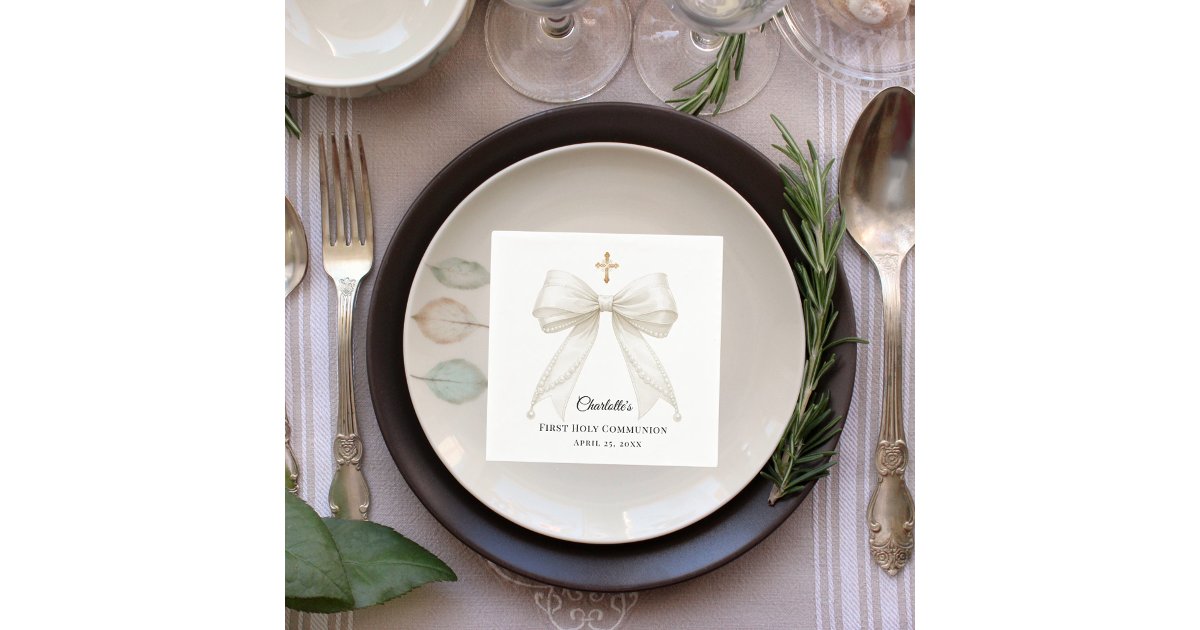 Ivory bow cream pearls First Holy Communion Napkins | Zazzle