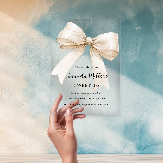 Ivory bow elegant clear Sweet 16 luxury Acrylic Invitations (Creator Uploaded)