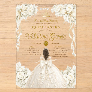 Ivory Bow Floral Quinceañera Sweet 16th Birthday Acrylic Invitations