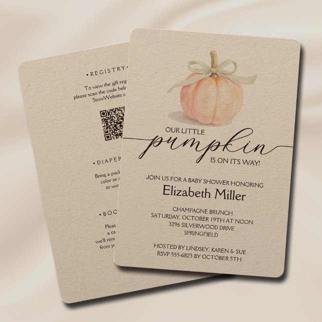 Ivory Bow Little Pumpkin Baby Shower All In One Invitation (Ivory ribbon bow little pumpkin gender neutral baby shower all in one invitations on kraft paper)