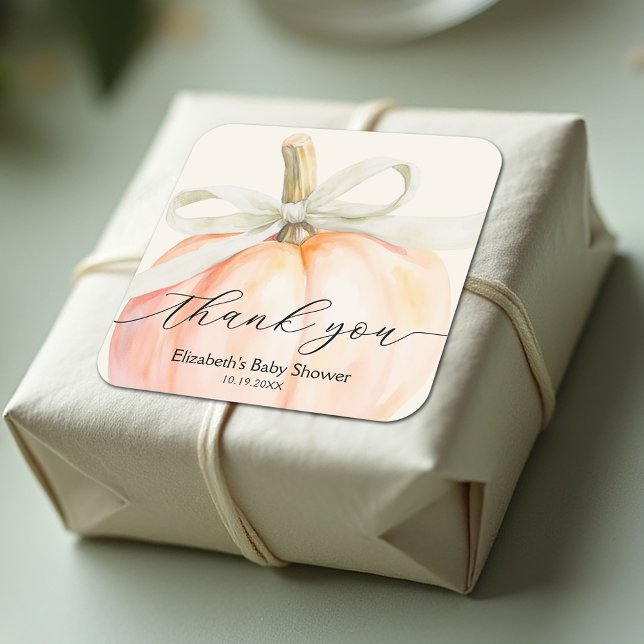 Ivory Bow Little Pumpkin Baby Shower Square Sticker (Ivory ribbon and bow little pumpkin baby shower square stickers)