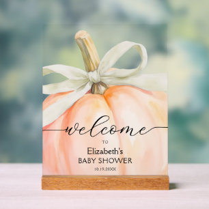 Ivory Bow Little Pumpkin Baby Shower Welcome Acrylic Sign