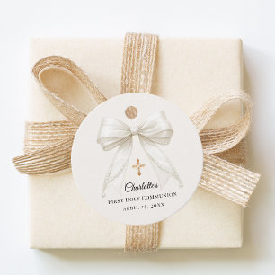Ivory bow pearls First Holy Communion DIY Favor Tags