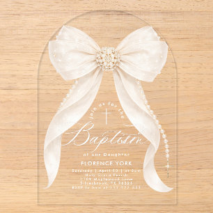 Ivory Bow Pearls Girl Baptism Religious Acrylic Invitations